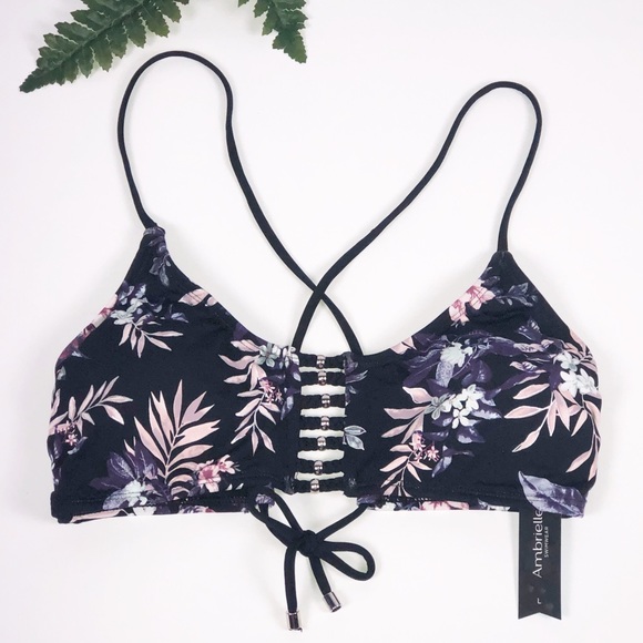 Ambrielle Other - Ambrielle Swim Black Floral String Bikini Top Sz L